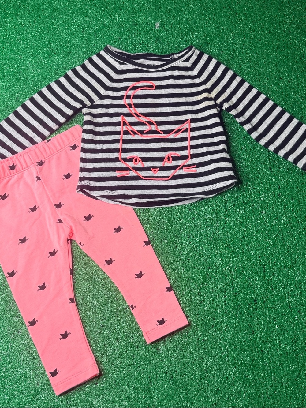 GAP Girls Pants Set Coral Pink Black and Gray Striped Cat - Kids Size 12-18 M